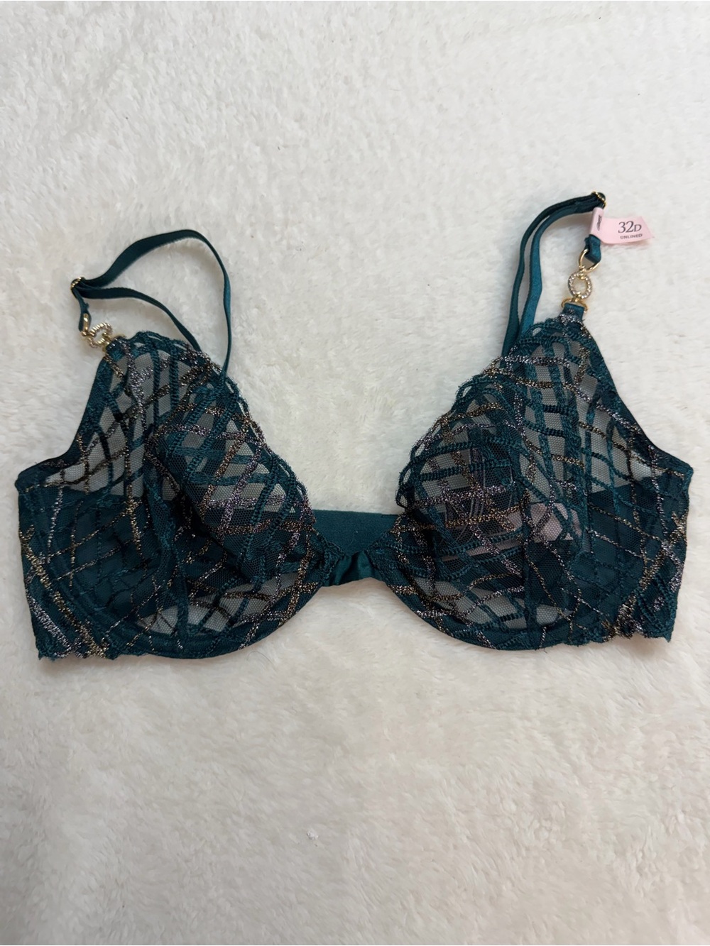 Victoria’s Secret Very Sexy Low Cut Demi bra sheer green gold silver stripes NWT